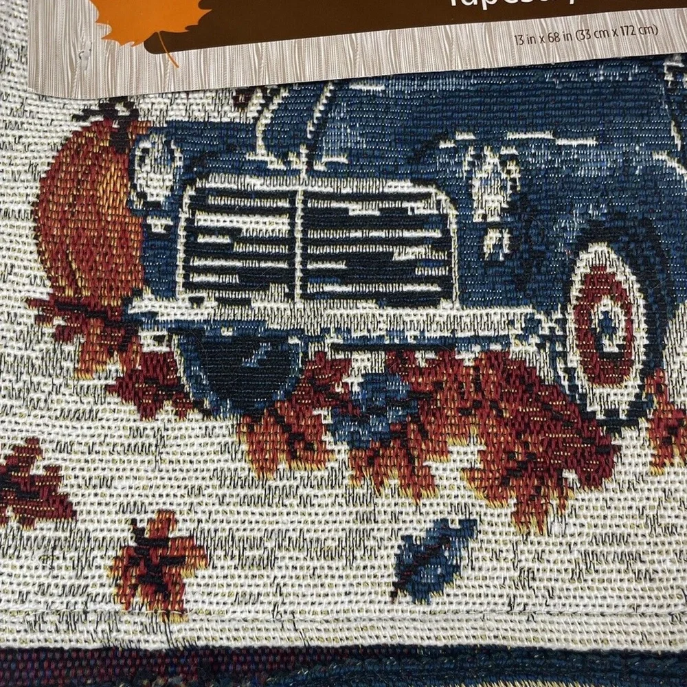 Fall Perfect Harvest Blue Truck Tapestry Table Runner Autumn Leaves NWT